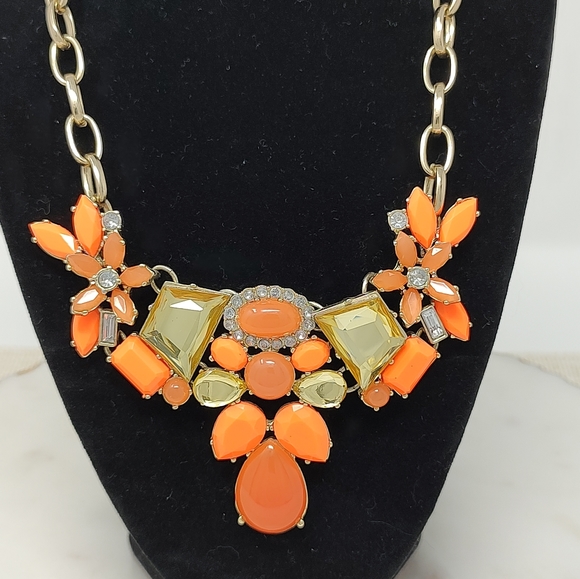 J. Crew neon coral orange rhinestone and brassy-gold chain mixed media necklace - Picture 7 of 10